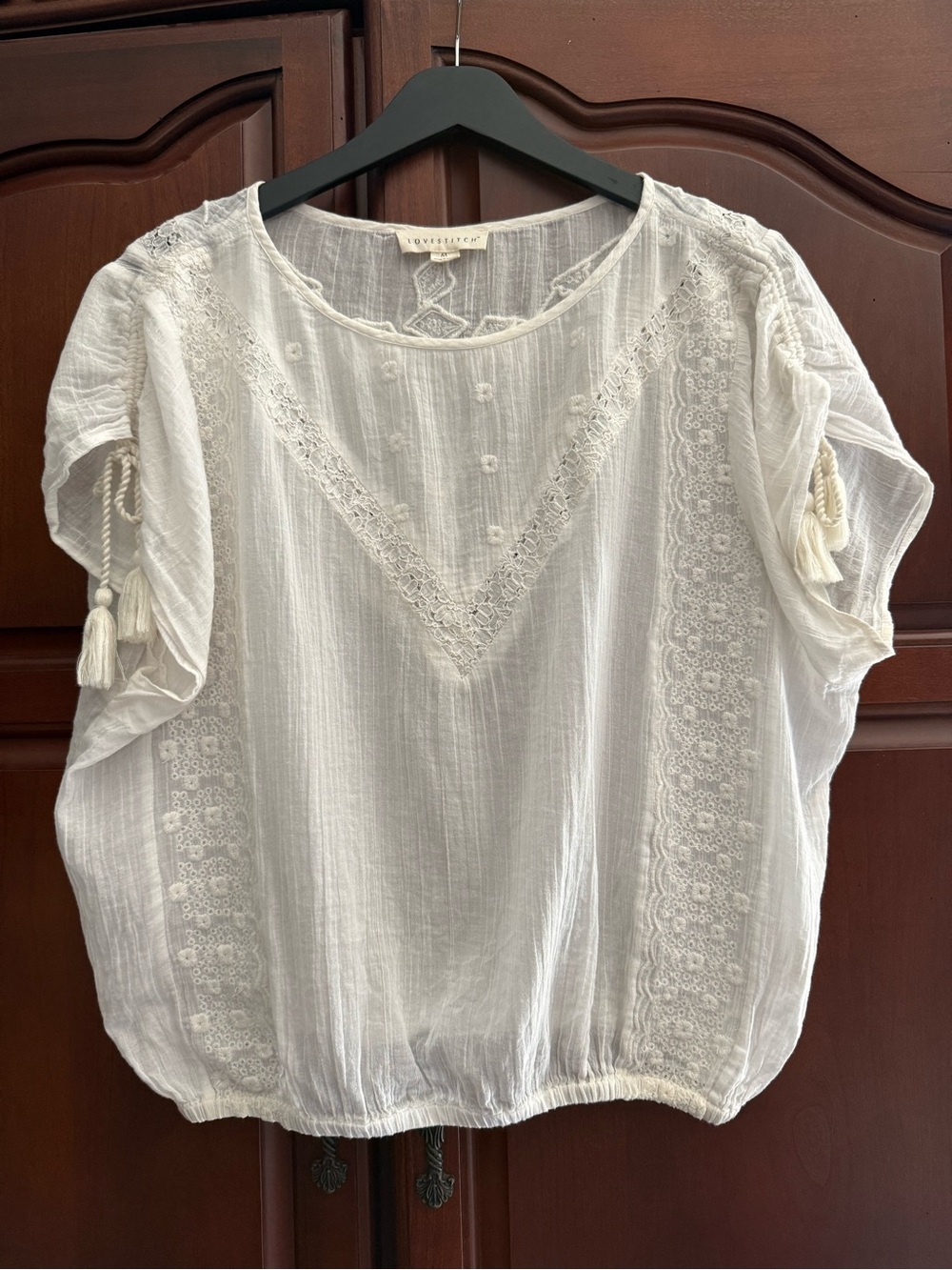 Lovestitch Embroidered Boho Lace Blouse Tassel Peasant Top Size Medium White